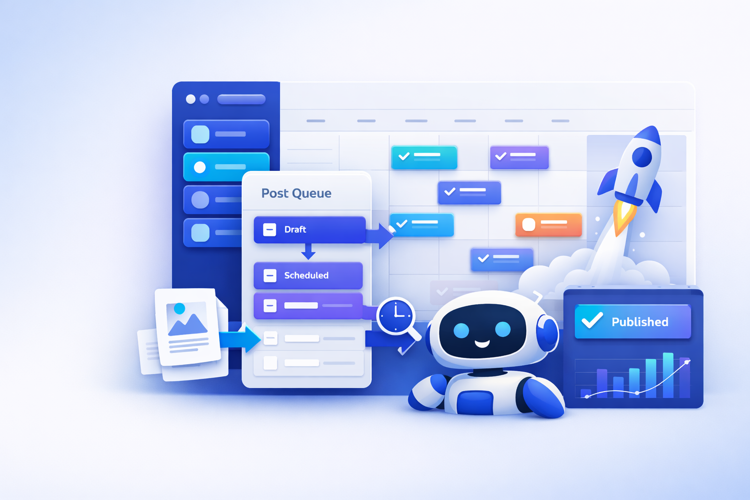 Интерфейс MAX Autoposter Bot с очередью постов